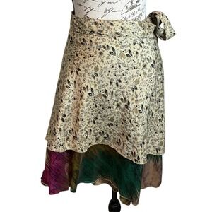 Reversible Silk Wrap Skirt Boho Floral‎ Paisley Multicolor OS 21" L